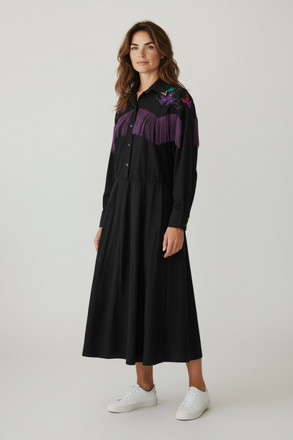Vintage Black Western Dress with Purple Fringe & Abstract Star Details, size m