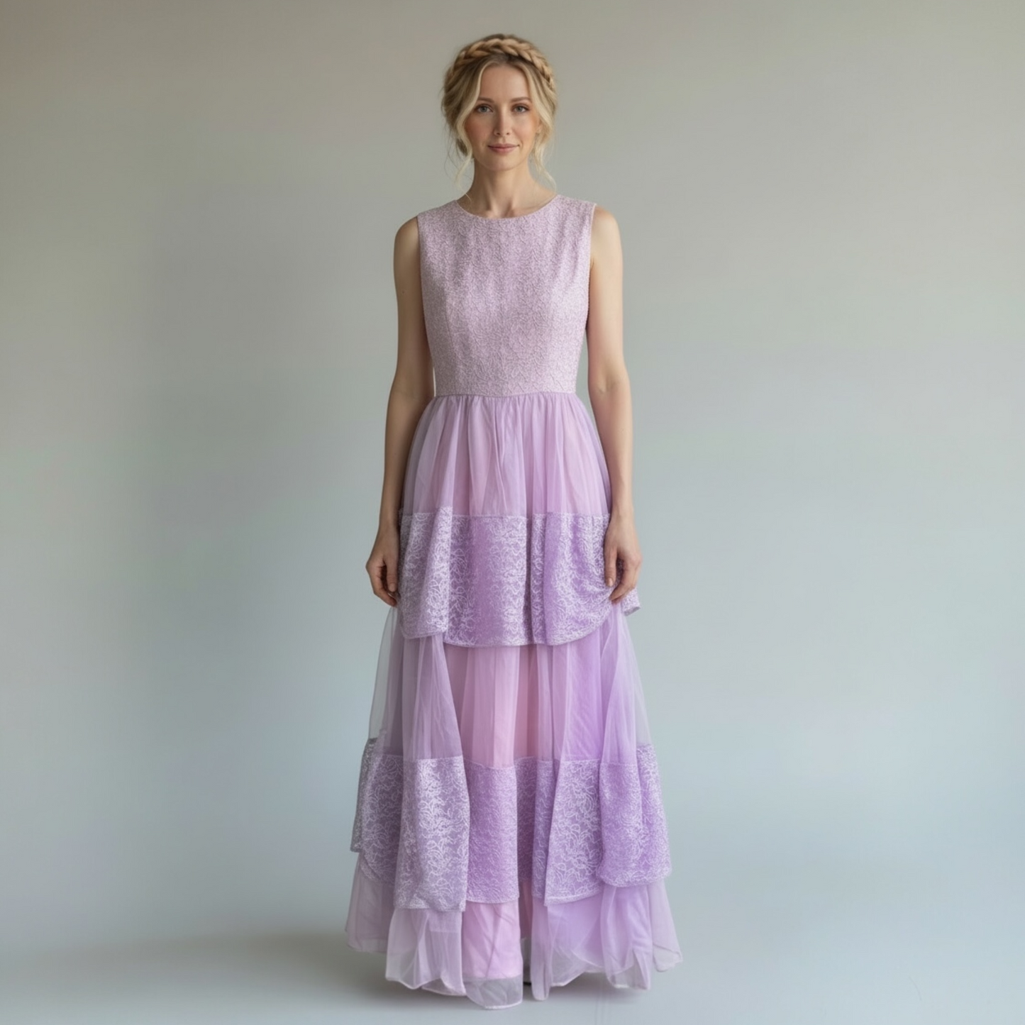 Vintage Lilac Romantic Formal Dress With Tiered Tulle & Lace, Size XS/S