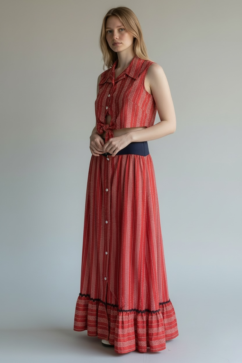 Vintage 70’s 2-Piece Crop Top + Maxi Skirt Set, Size XS / S