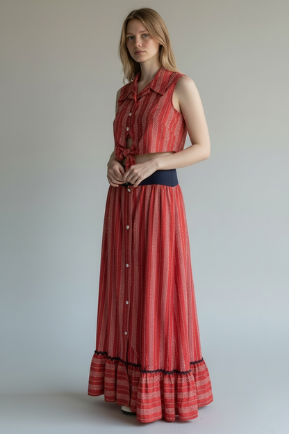 Vintage 70’s 2-Piece Crop Top + Maxi Skirt Set, Size XS / S