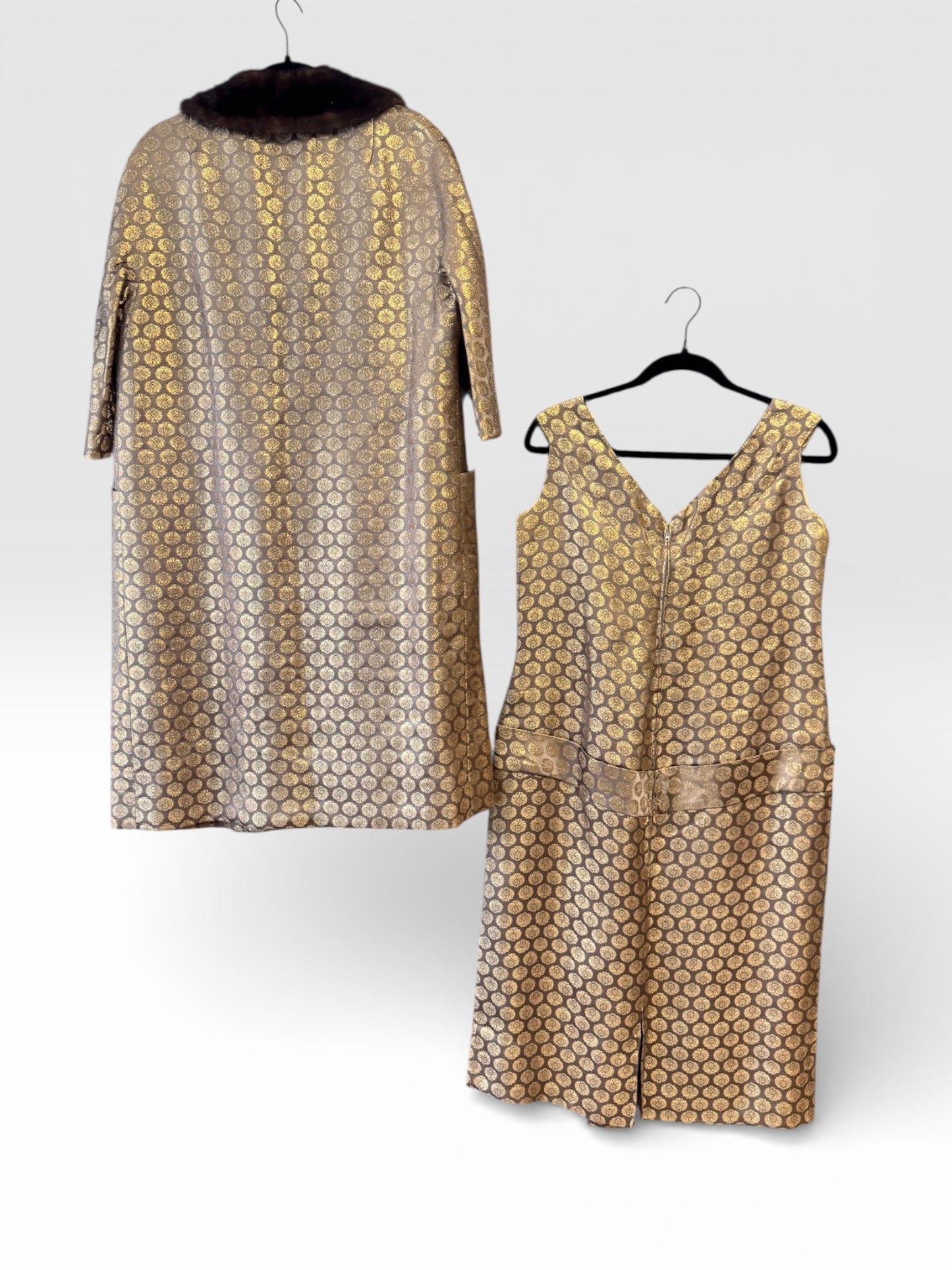 2-Piece Vintage Gold Dress + Fur Collar Coat by Schleisner Co., size medium