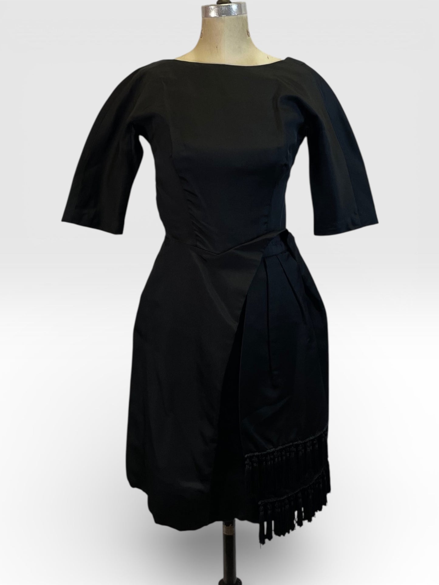 Vintage Black Asymmetric Fringe Hem 50s Cocktail Dress, size xs