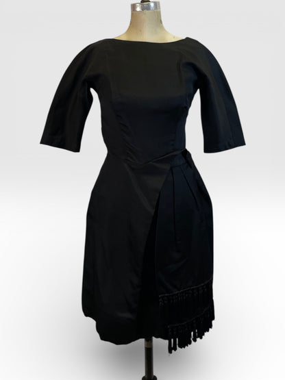 Vintage Black Asymmetric Fringe Hem 50s Cocktail Dress, size xs