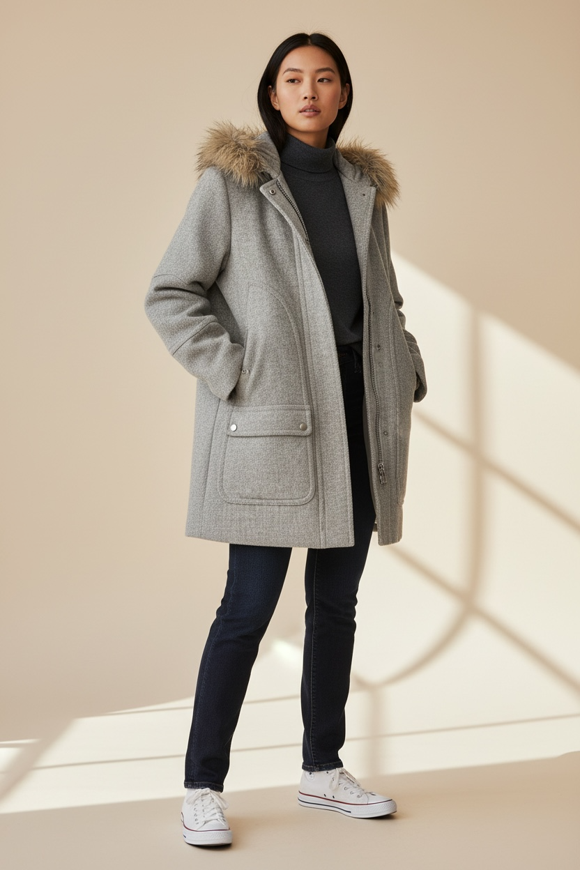 J. Crew Stadium Cloth Coat, Nello Gori, Faux Fur Hood, size 2