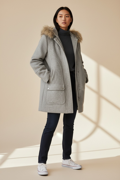 J. Crew Stadium Cloth Coat, Nello Gori, Faux Fur Hood, size 2