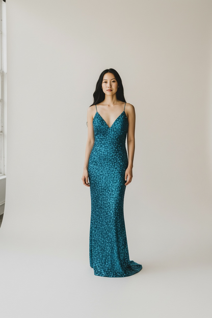 Sherri Hill Turquoise Sequined Gown, size xs