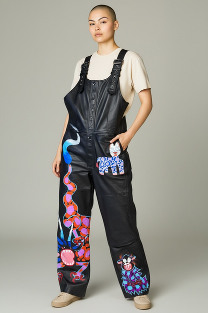 Super Happy Ghost Co. x Dirty Work Vintage -- Hand-Painted Leather Overalls