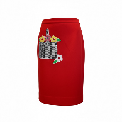 Vintage 70’s Red Skirt with Retro Flower Appliqué, sz small