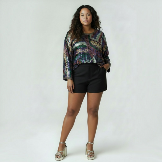 Vintage 80s Glam 100% Silk All-Over Sequined Plus Top, Size 2X