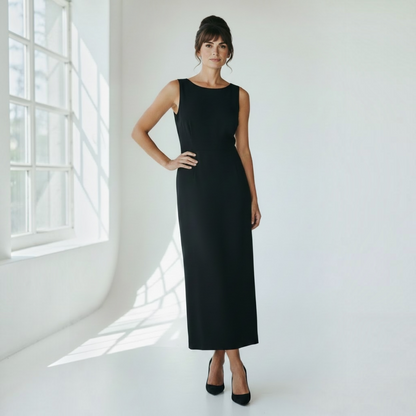 Vintage Papéll Boutique Formal Black Column Dress with Cut-Out Back, Size 8