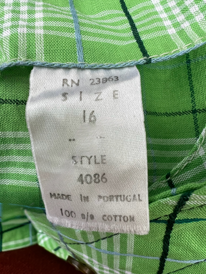Vintage 70s Green Plaid Shirt Dress, 100% Cotton, Made in Portugal, Size M