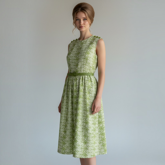 Mod 60s True Vintage Belted Green Patterned Dress, Tiki, Size M