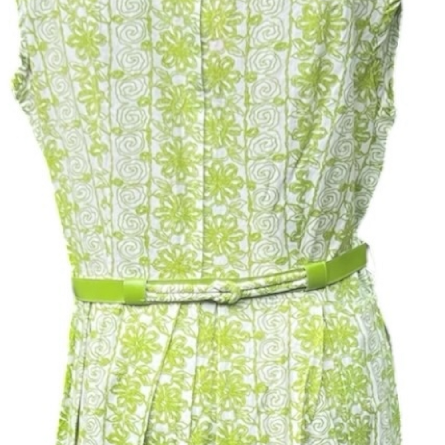 Mod 60s True Vintage Belted Green Patterned Dress, Tiki, Size Small