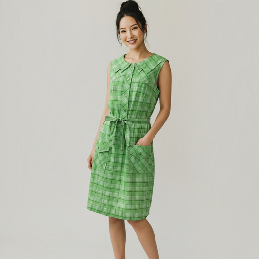 Vintage 70s Green Plaid Shirt Dress, 100% Cotton, Made in Portugal, Size M