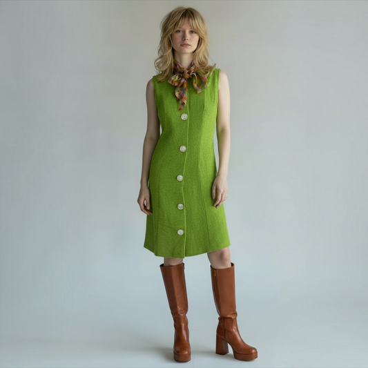 VTG 60s Mod Green Shift Dress & Matching Plaid Scarf “For J.P.’s Only,” Sm