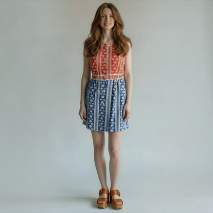 True Vintage Two-Piece Dress & Shorts Set – Red/Blue Floral Calico, XS
