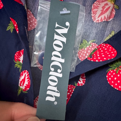 NWT ModCloth Strawberry Print Button-Front Midi Dress – Navy Blue – Size M