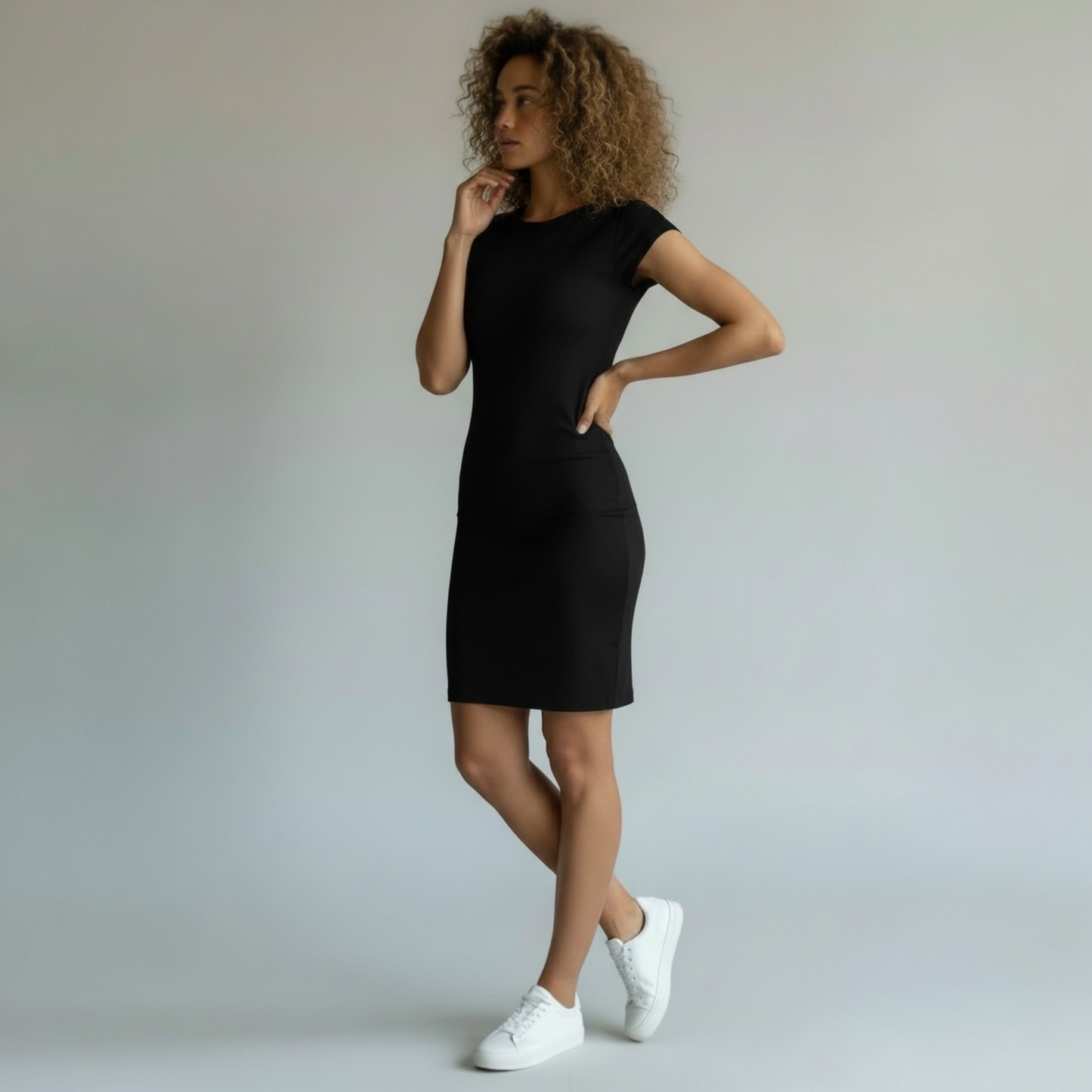 Lioness Black Body Con Ribbed Dress, size large