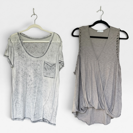 Bundle of Two Whisper-Weight Semi-Translucent Gray Tops, T&B, Michelle, Size M/L