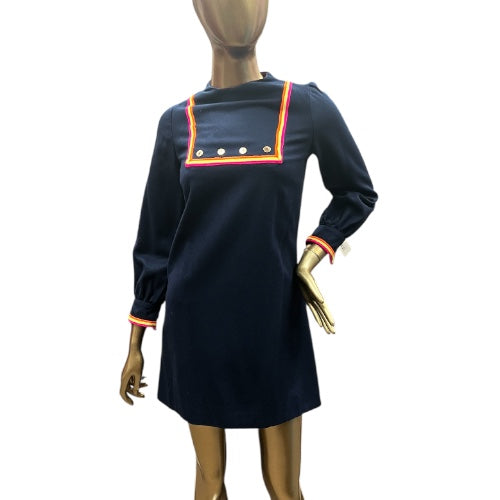 60’s Vintage Navy Blue Wool Dress with Neon Stripe Detail, size xs