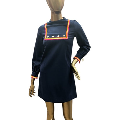 60’s Vintage Navy Blue Wool Dress with Neon Stripe Detail, size xs