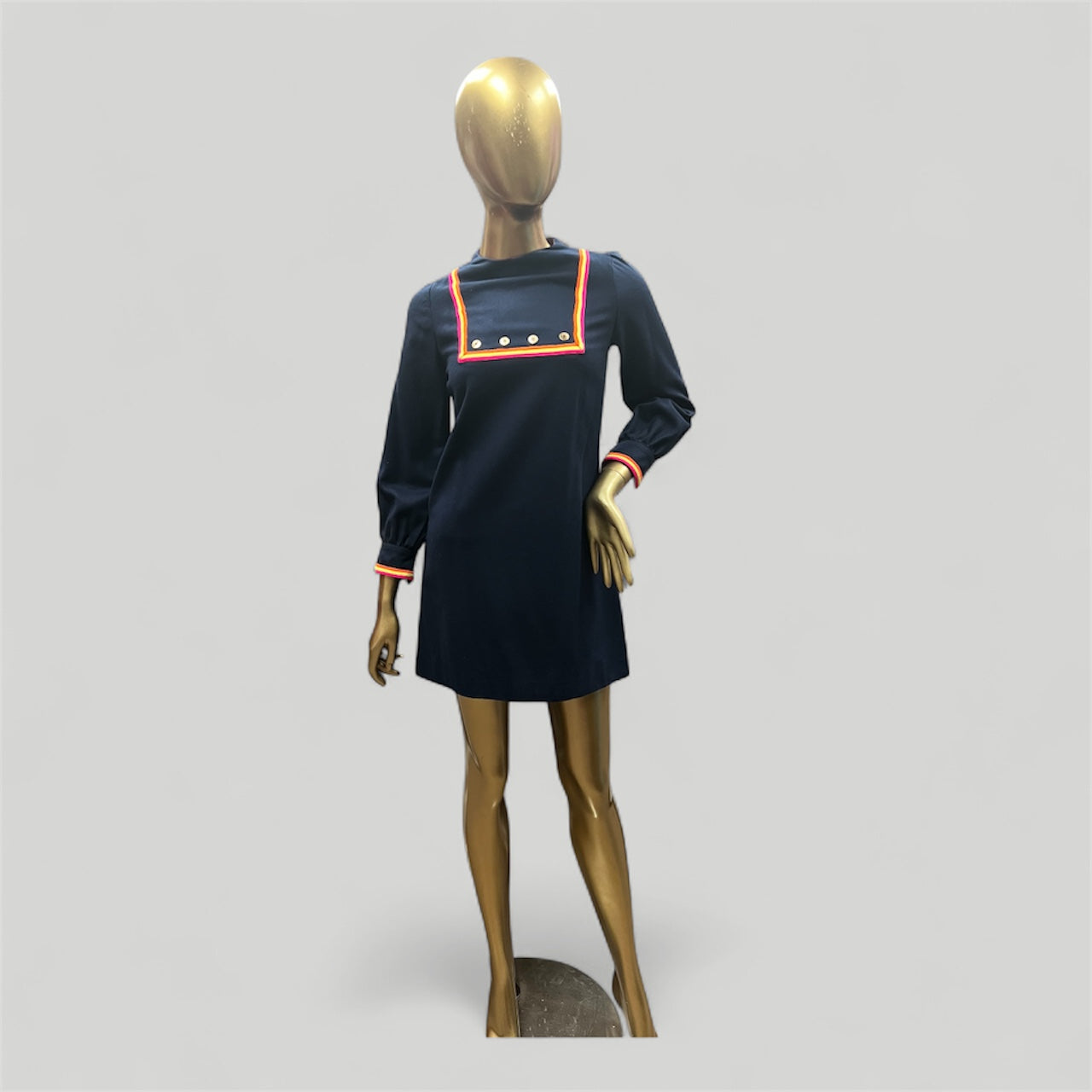 60’s Vintage Navy Blue Wool Dress with Neon Stripe Detail, size xs