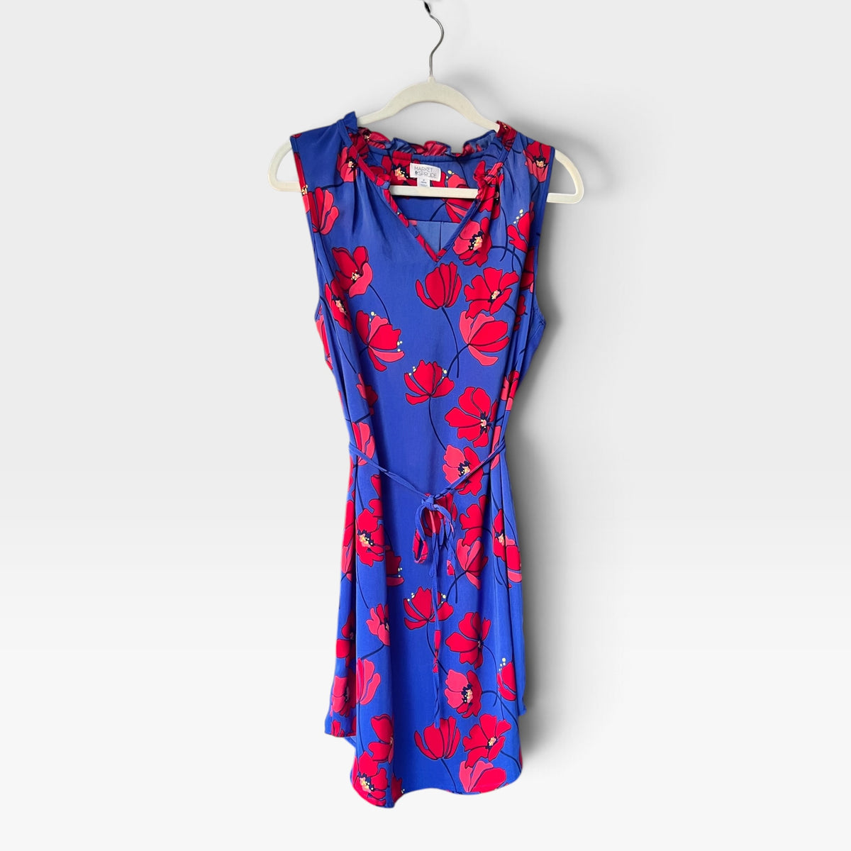 Market & Spruce Sleeveless Ruffle Neck Shift Dress, Blue & Red Floral, Medium Petite