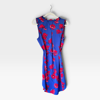 Market & Spruce Sleeveless Ruffle Neck Shift Dress, Blue & Red Floral, Medium Petite