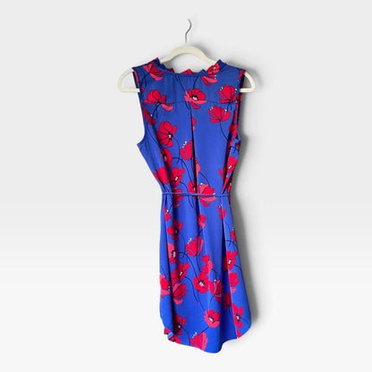Market & Spruce Sleeveless Ruffle Neck Shift Dress, Blue & Red Floral, Medium Petite
