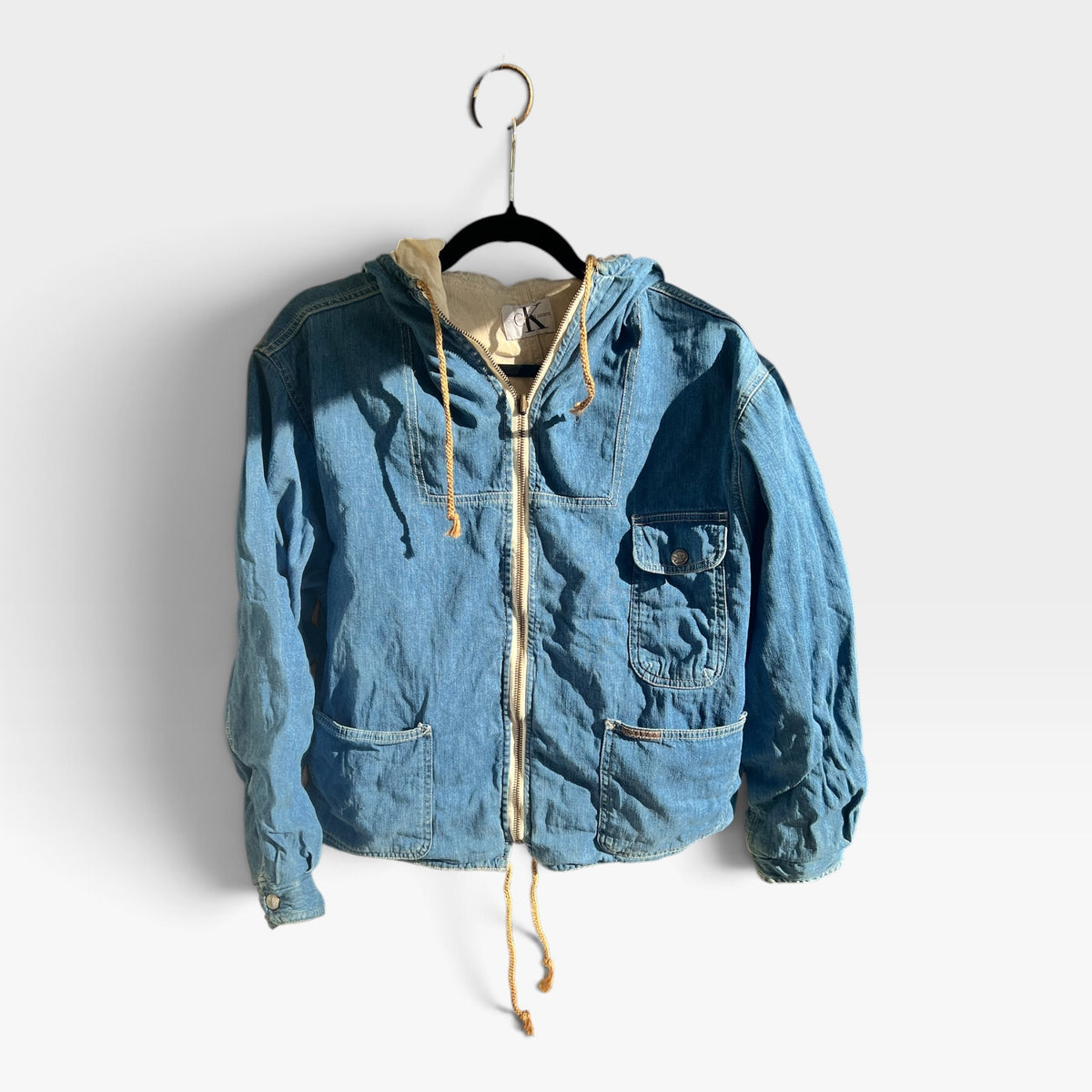 Calvin Klein Jeans Vintage 90s Light Wash Hooded Denim Utility Jacket, Lined, Size L