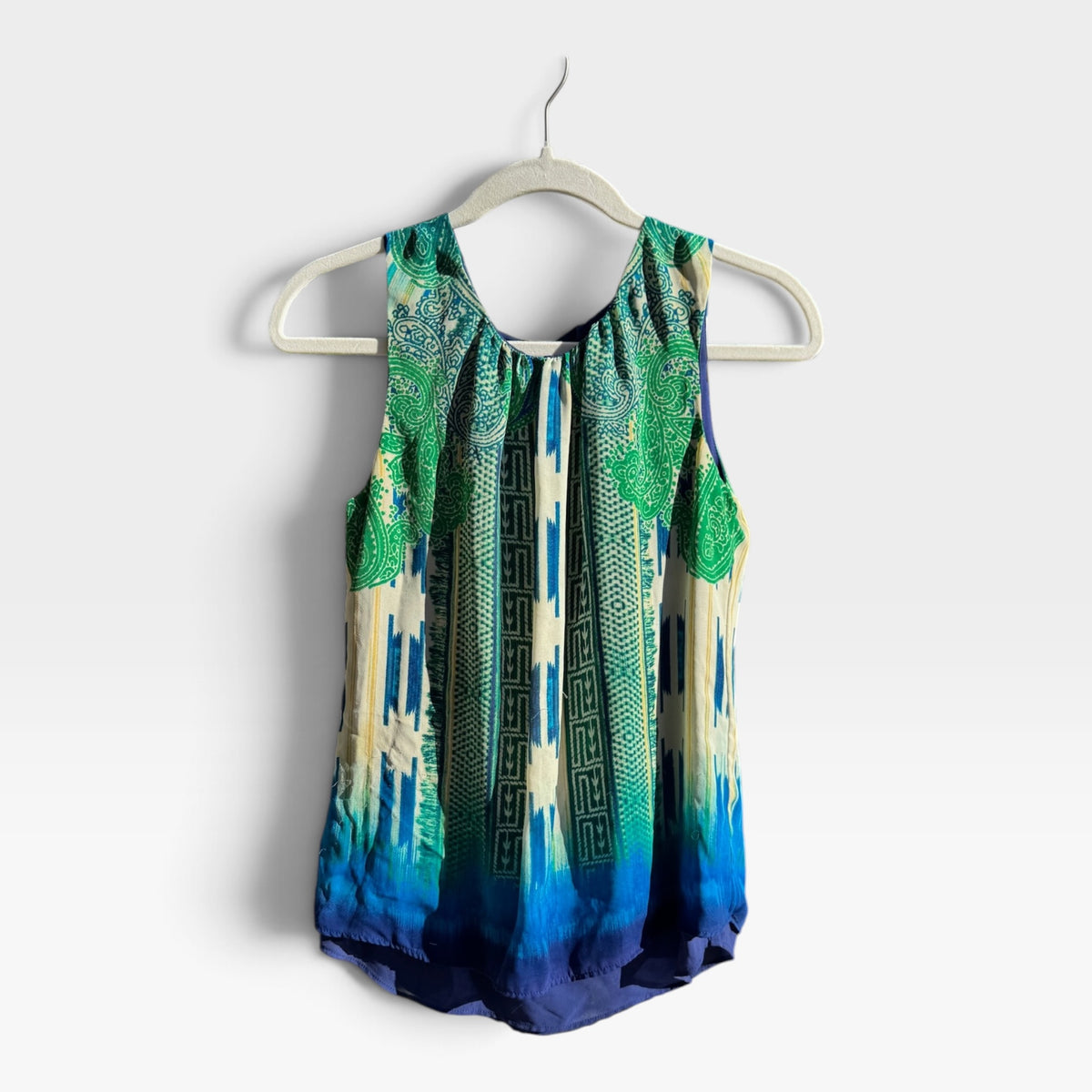 Rose & Olive Boho Sleeveless Blouse Tank Top, Ikat, Ombré, Mixed Print, Size S