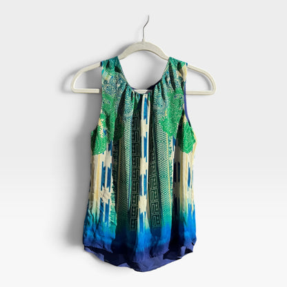 Rose & Olive Boho Sleeveless Blouse Tank Top, Ikat, Ombré, Mixed Print, Size S