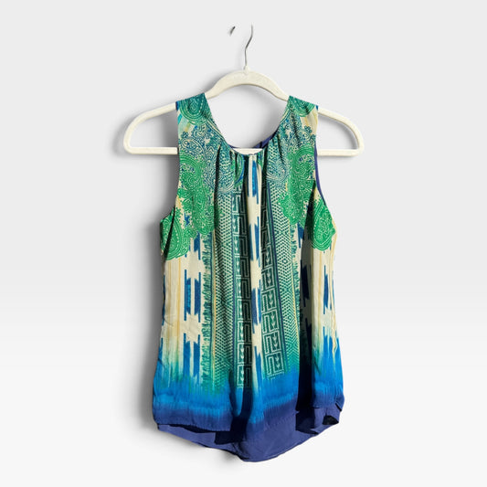 Rose & Olive Boho Sleeveless Blouse Tank Top, Ikat, Ombré, Mixed Print, Size S