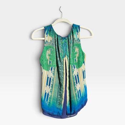 Rose & Olive Boho Sleeveless Blouse Tank Top, Ikat, Ombré, Mixed Print, Size S