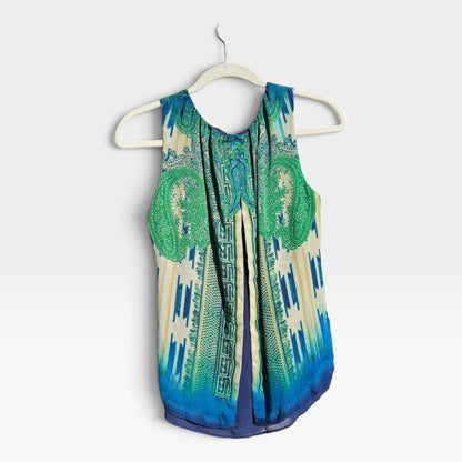 Rose & Olive Boho Sleeveless Blouse Tank Top, Ikat, Ombré, Mixed Print, Size S