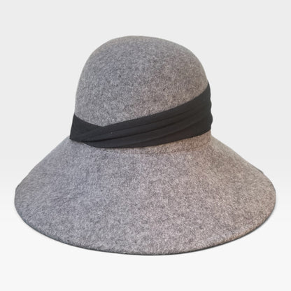 World Market 100% Wool Felt Gray Cloche Wide Brim Hat Black Ribbon 22” / 56cm