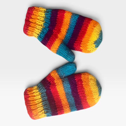 Striped Rainbow Mittens, 100% Wool, Adult-Sized, Made in Nepal