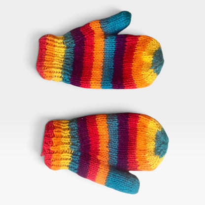 Striped Rainbow Mittens, 100% Wool, Adult-Sized, Made in Nepal