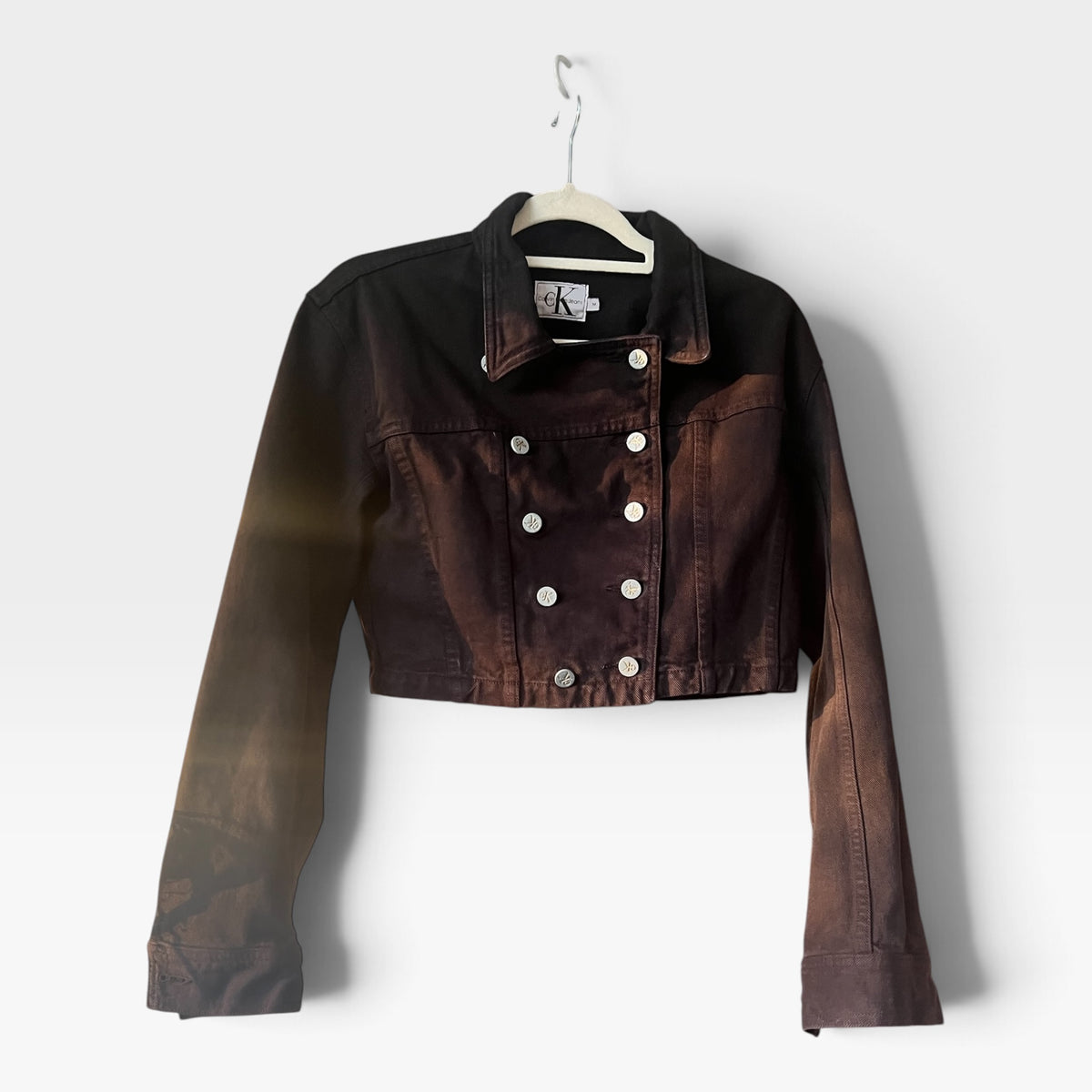 Rare Vintage 90s CK Jeans Black Cropped Military Style Calvin Klein Jean Jacket, M