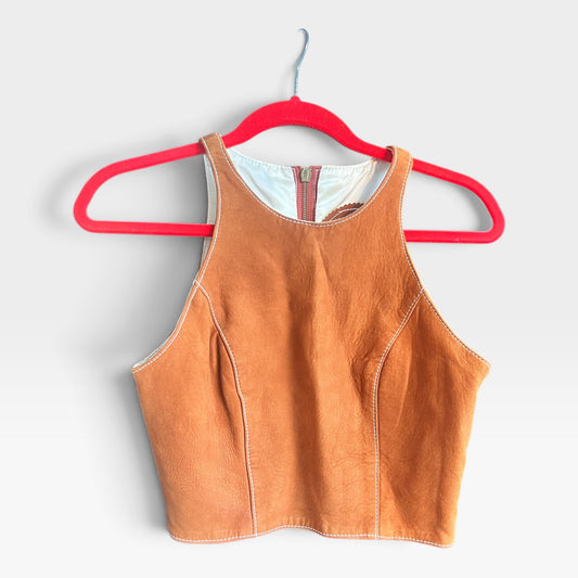 Vintage 90s Swann Los Angeles Genuine Suede Contrast Stitch Crop Top Tank, S