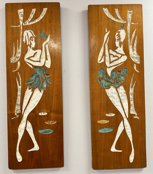 Pair MCM Carved Painted Wood Panel Ballerinas