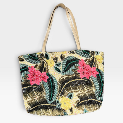 Vintage Christiana Silk Hand-Beaded Tropical Palm Embellished Tote / Shoulder Bag