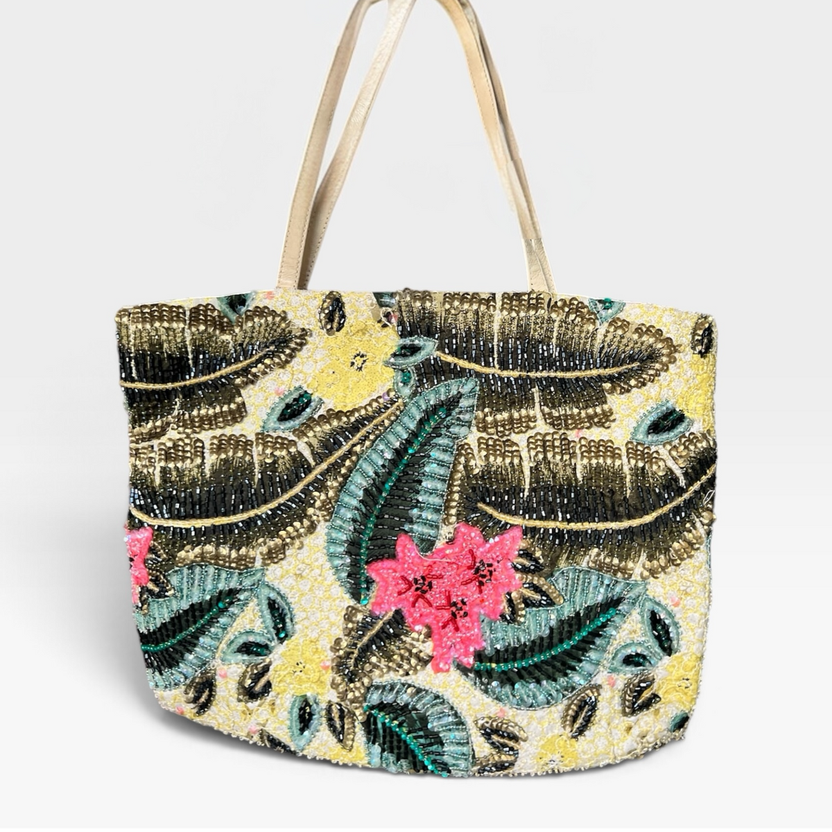 Vintage Christiana Silk Hand-Beaded Tropical Palm Embellished Tote / Shoulder Bag
