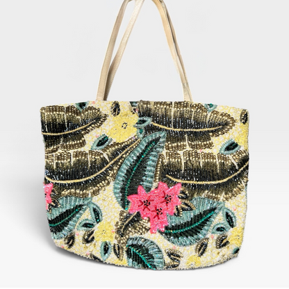 Vintage Christiana Silk Hand-Beaded Tropical Palm Embellished Tote / Shoulder Bag