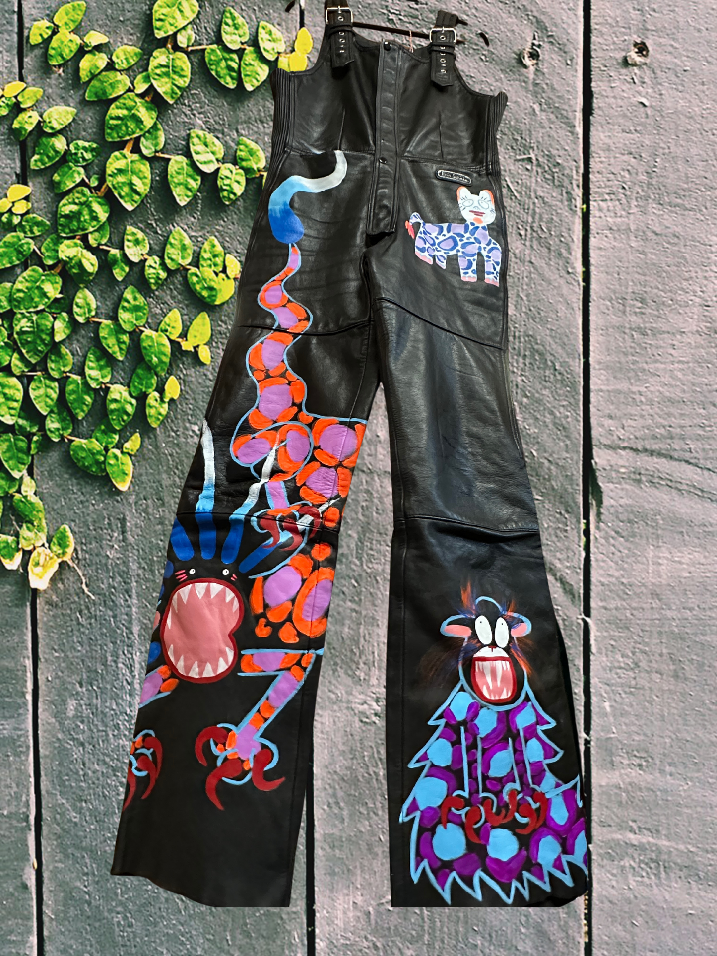 Super Happy Ghost Co. x Dirty Work Vintage -- Hand-Painted Leather Overalls