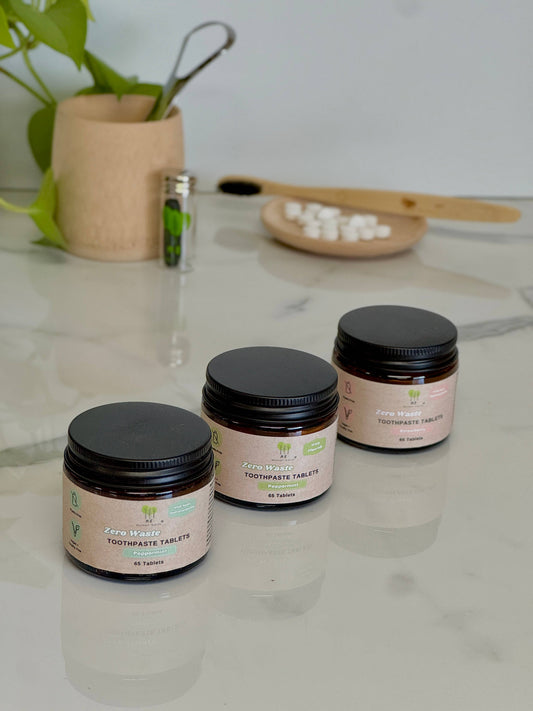 Zero Waste Toothpaste Tablets in Refillable Amber Glass Jars