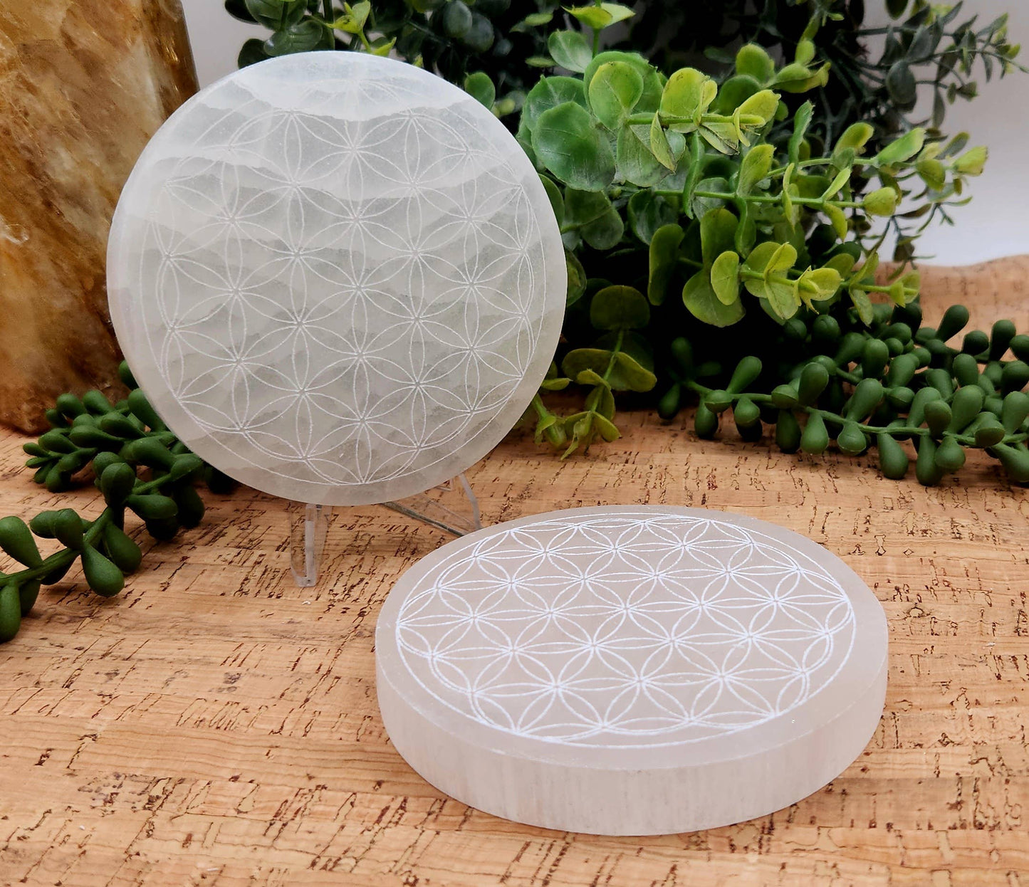 Selenite Crystal Charging Plate/Coaster Round - Flower of Life
