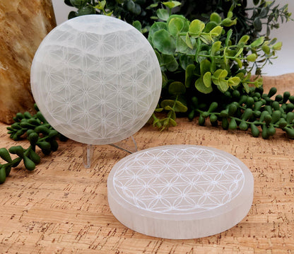 Selenite Crystal Charging Plate/Coaster Round - Flower of Life