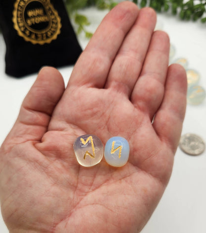 Opalite Semi-Precious Gemstone Rune Sets  & Velvet Pouch