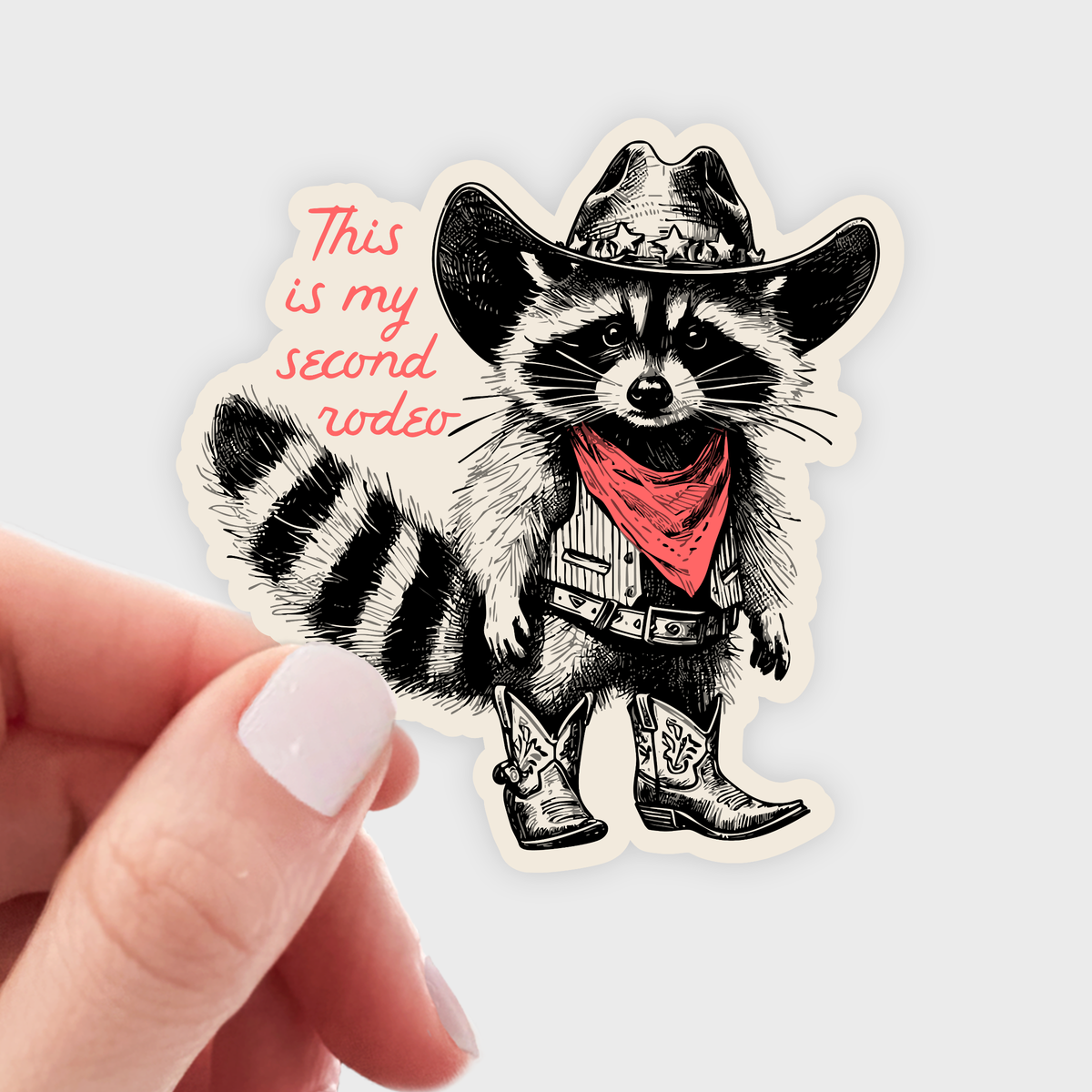 Sticker - “This is My Second Rodeo” - raccoon, cowboy, western